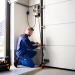 Un monsieur installe une porte de garage anti-inondation